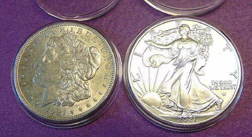 コイン2枚 - 1921年 シルバー モーガン ドル & 2021年 シルバー イーグル (タイプ2 裏面)