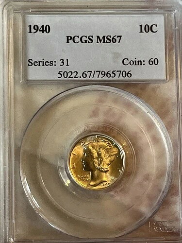 1940年製マーキュリー・シルバー・ダイム！PCGS MS67、素晴らしい光沢、NRよりさらに綺麗！