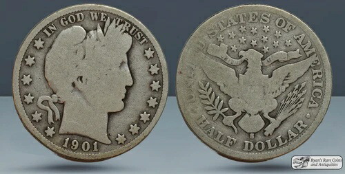 1901年 S バーバー ハーフダラー、状態良好、Ryan's Rare Coins & Antiquities C7858