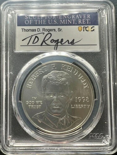 1998-S 1オンス シルバー $1 RFK 記念コイン PCGS MS70 トーマス・ロジャース サイン入り