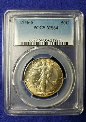 1946年 S ウォーキング リバティ ハーフ ダラー - トーン加工 - PCGS MS64 ~ L??K 送料無料