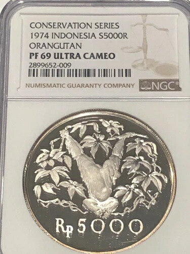 インドネシア 1974年 5000ルピア NGC PF69 シルバー コンサベーションシリーズ オランウータン