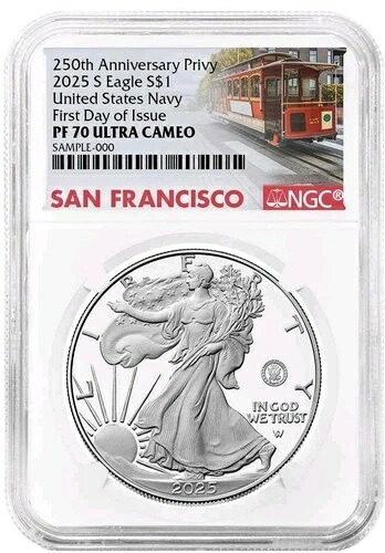 2025-S プルーフ $1 250th NAVY US Privy Silver Eagle NGC PF70 UC 初日