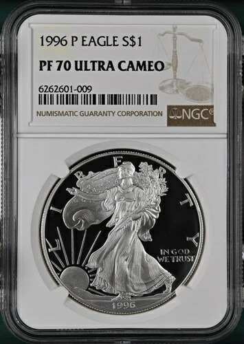 PF70 UCAM 1996-P アメリカン シルバー イーグル - ブラウンラベル NGC スポットフリー ホワイト