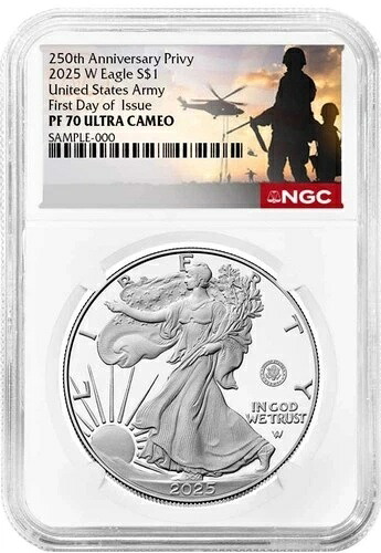 2025-W プルーフ $1 250th 米陸軍 プライビー シルバー イーグル NGC PF70 - FDI 先行販売初日