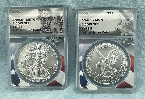 2021年 (1オンス) アメリカン・シルバー・イーグルス 2枚セット タイプ1 & タイプ2 MS70 - ANACS