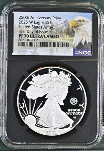 2025-W プルーフ $1 250th 米陸軍 プライビー シルバー イーグル NGC PF70、FDI 先行販売初日 107,690円
