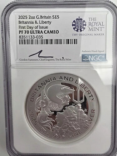 2025年 5ポンド 英国 プルーフ シルバー リバティ ブリタニア NGC PF70 FDI サマーズ 2オンス