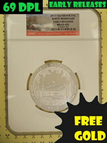 2013年 ホワイトマウンテン 5オンス シルバー NGC クォーター MS 69 DPL ER 1/2ゴールドバック無料*