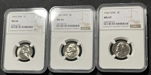 （コイン3枚のみ）1965 SMS MS65、1965 MS66、1966 SMS MS67 ジェファーソンニッケル NGC