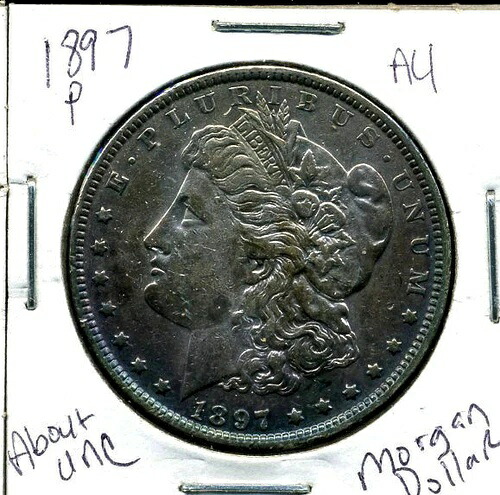 1897年 P AU モルガンドル 100セント 未流通 90%銀 US $1 コイン #1142