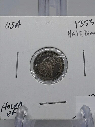 1853年 アメリカ 着席自由の女神像 銀貨 5セント ハーフダイム 矢 穴あき EF