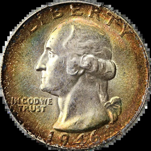 1946年-P ワシントン クォーター ゴージャスカラー PCGS MS65+ 素晴らしい外観
