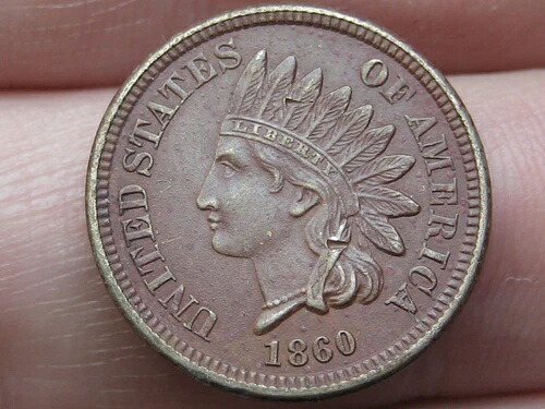 1860年製 銅ニッケル製インディアンヘッド・セント - 丸型胸像、AU詳細、ダイヤモンド約4個