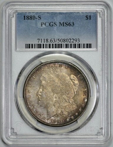 1880-S モルガン銀貨 1ドル PCGS MS 63 サテンパティーナ ライトパステル 虹彩 69,300円