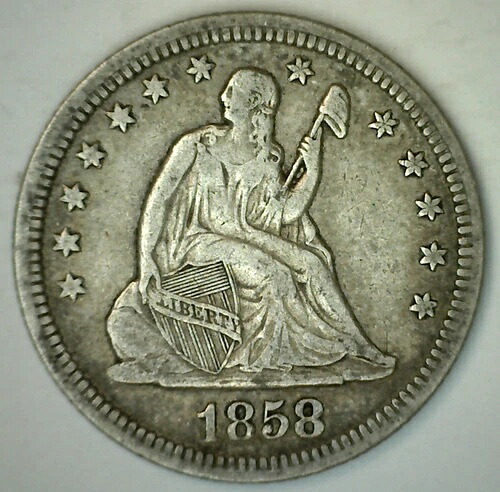 1858年 シルバー シーテッド リバティ クォーター 25セント US コイン XF 流通型コイン 69,300円