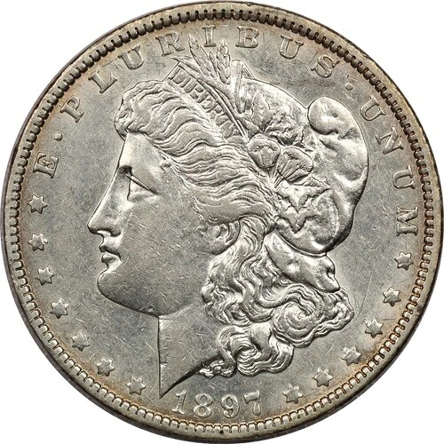 1897-O モルガン銀貨 1ドル、未使用 AU+、クリーニング済み 69,300円