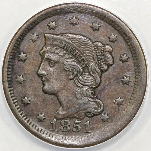 1851年 1セント N-14 編み込みヘア ラージセント ANACS AU 50