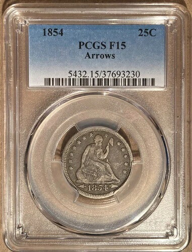 1854年 PCGS F15 自由の女神像 25セント 矢付きクォーター