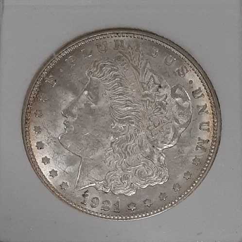 1921年Dミント モーガン銀貨（硬質プラスチックホルダー入り） - ほぼ未使用（軽度の変色あり）