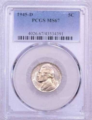 1945年 D ジェファーソン シルバーニッケル PCGS MS67 金色の輝きと霜のような光沢 #B776