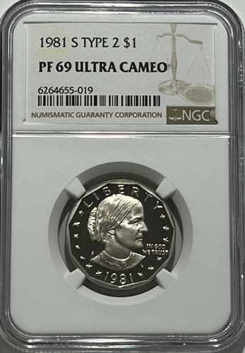 1981年 S 1ドル硬貨 タイプ2 NGC PF69 ウルトラカメオプルーフ スーザン・B・アンソニー・ダラー SBA フラットS