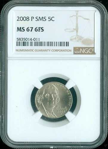 2008年 P ジェファーソン ニッケル 5セント NGC MS67 FS SMS品質