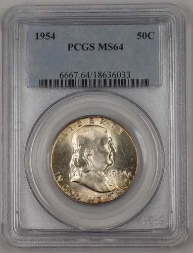 1954年フランクリン銀貨ハーフダラー50セント硬貨、状態：PCGS MS-64、周辺トーン1A!