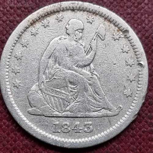 1843年 シーテッド・リバティ 25セント硬貨 状態：VF（非常に良好） 詳細 #96081