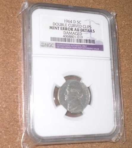 1964年 D 5セント ニッケル ダブルカーブクリップ ミントエラー NGC AU 詳細 損傷あり