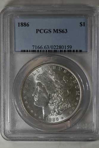 1886年 1.00 PCGS MS63 モーガン銀貨、ミス・リバティ・ヘッド