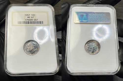 MS67 1957年 10セント ルーズベルト銀貨、NGC- ファッティホルダー、レインボーミントセットトーン