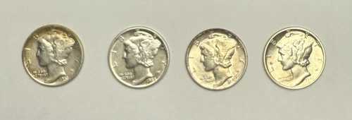 1941年、1942年、1943年、1944年発行のマーキュリーダイム4枚セット（未使用美品）
