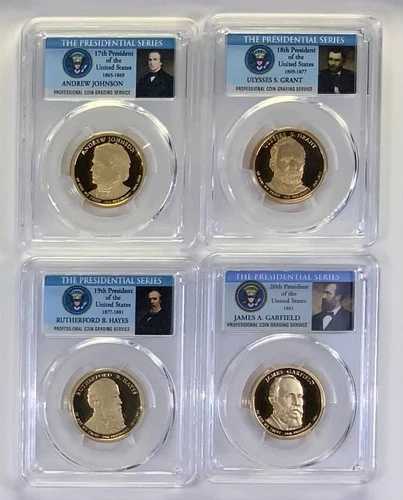 2011年 S ジョンソン、グラント、ヘイズ、ガーフィールド大統領1ドル硬貨 PCGS 70 プルーフ 4枚セット 42,900円
