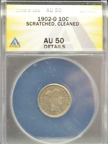 1902年O刻印 バーバーダイム ANACS AU 50 傷あり、洗浄済み 詳細 #H976