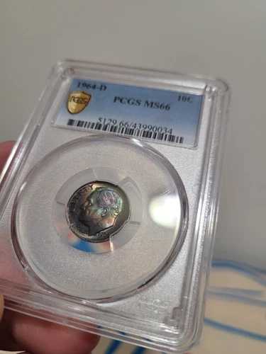 1964年Dミント 10セント ダイム ゴールドシールド PCGS MS 62 レインボートーン 素晴らしい色 美しいコイン