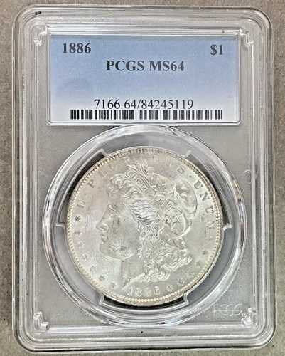 1886年Pミント モーガン1ドル銀貨 PCGS MS64、表面は白、裏面は変色あり