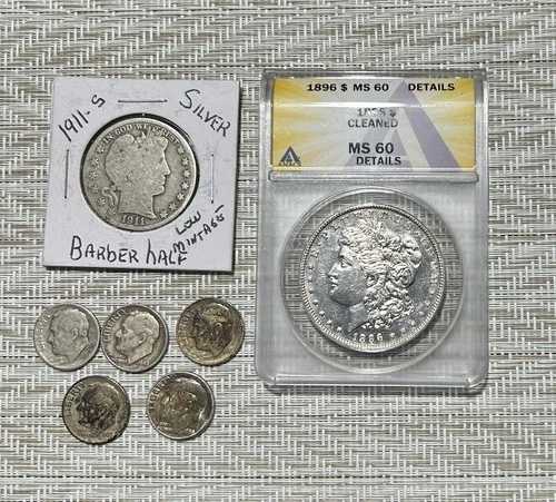 1-モーガン 1896 洗浄済み MS60 ANACS、1 バーバー 1911-S ハーフダラー、5 ルーズベルト ダイム、+ボーナス?