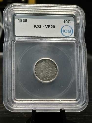 1835年 10セント 銀製キャップ付き胸像ダイム ICG VF20