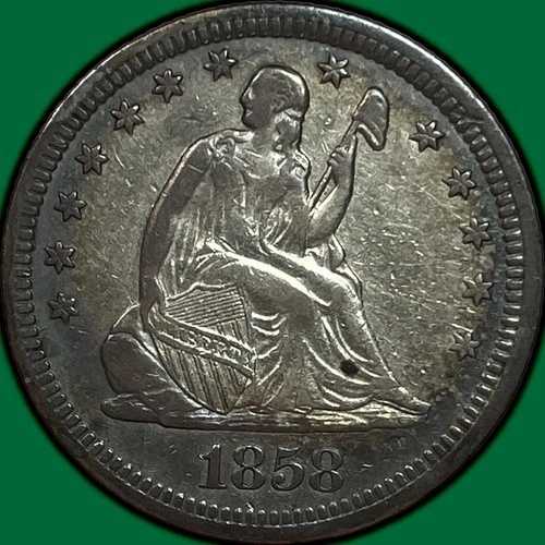 1858年 シーテッド・リバティ・クォーター 極美品 XF+/AU コイン、クリーニング済み #28730