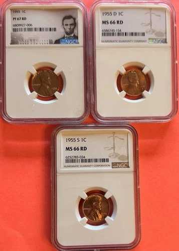 1954年 - P D S リンカーン ウィートペニー 1セント 未流通 BU NGC 66 RD 3枚セット