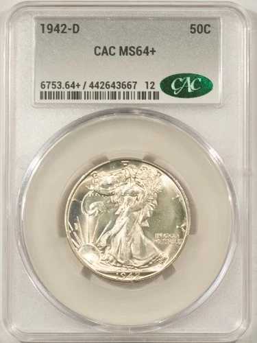 1942-D ウォーキングリバティハーフダラー - CACG MS-64+、CAC承認済み！