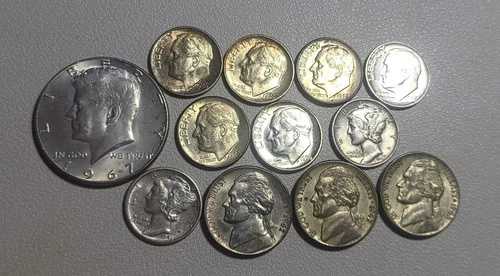 1964年以前の米国銀貨（マーキュリー、ルーズベルト、ウォーニッケルなど）の未使用品ロット