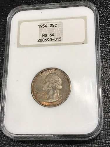 NGC MS64 1934年 P ワシントン銀貨 25セント硬貨 - 金彫刻入り 第3世代ホルダー - 損傷あり - 4月1日 42,900円
