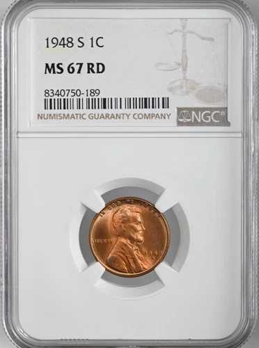 1948-S 1セント リンカーンウィートセント「サンフランシスコ造幣局」 NGC MS67 RD (RED)#8340750-189