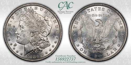 1880年 モーガン銀貨 $1 CACG MS62 ブリリアントアンキュリー CAC スーパーナイス
