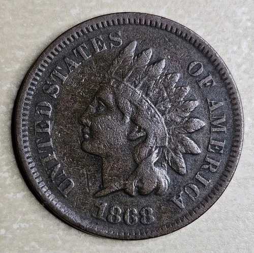 1868年インディアンヘッドセントペニー、極美品（VF）または極めて美品（XF）、オリジナルブラウンキー
