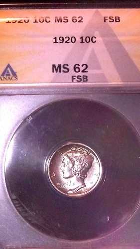 1920年 マーキュリー銀貨 10セント、ANACS MS62、FSB