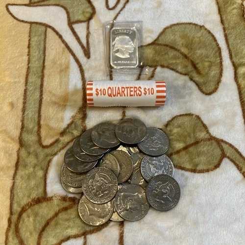遺品整理オークション出品物 - 米国25セント硬貨ロール + 50セント硬貨 + 銀地金1トロイオンス