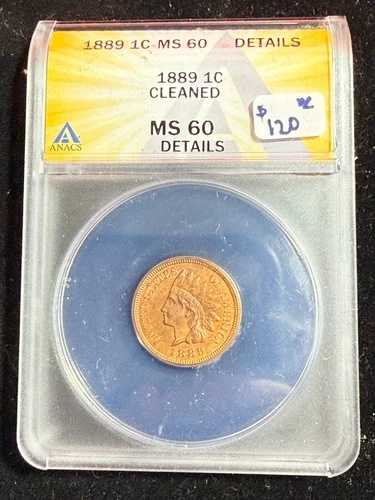 1889年インディアンヘッドセント ANACS MS 60 詳細クリーニング済み